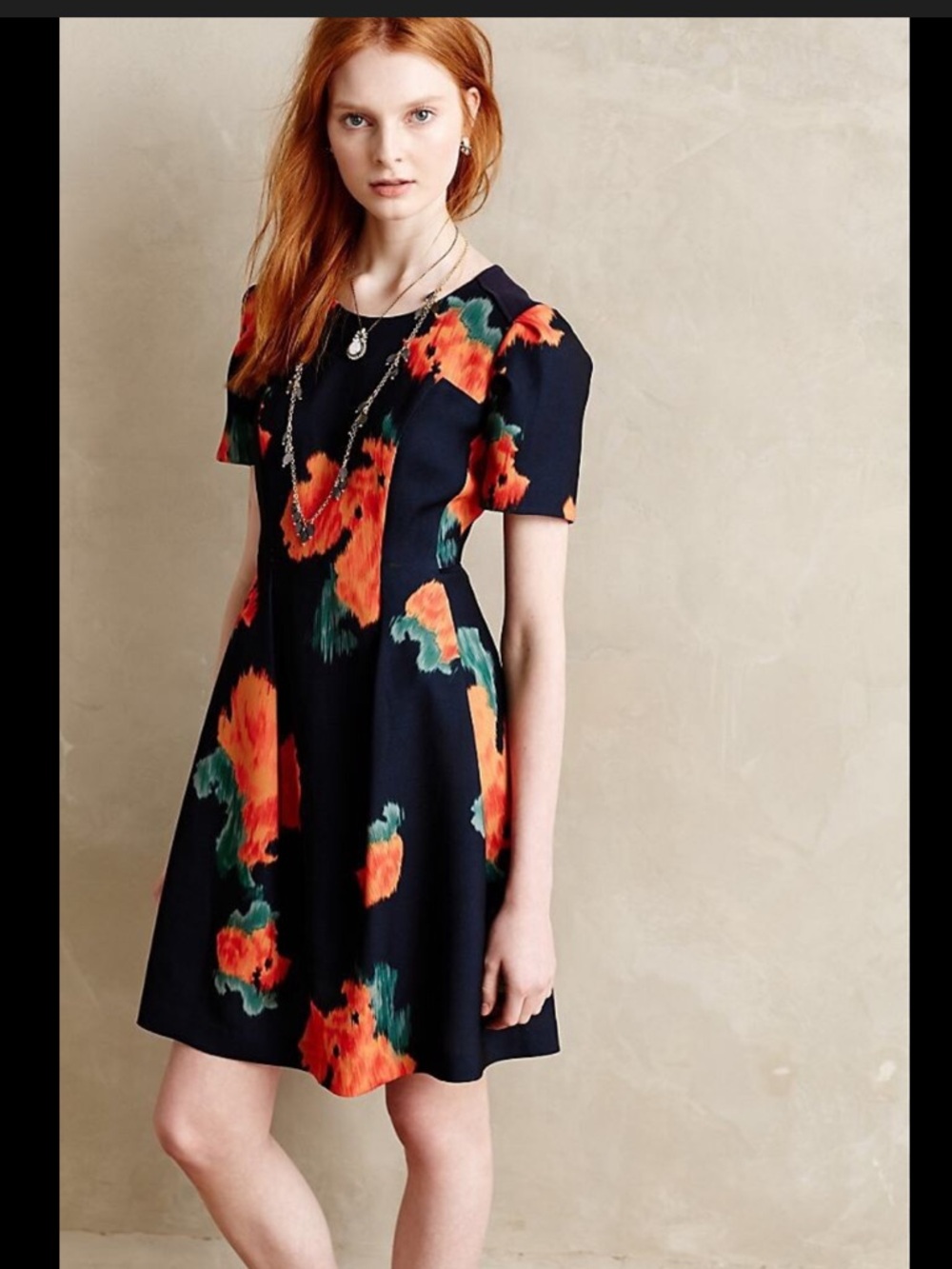 Anthropologie Mini Navy Dress with Orange Floral Print